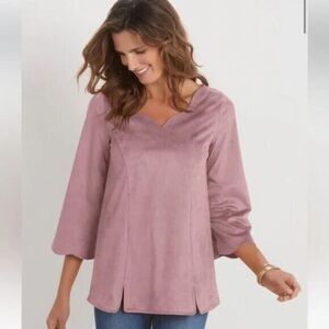 Soft Surroundings Faux Suede Soft Pink Blush Raw Hem Western Boho Top Sz XL